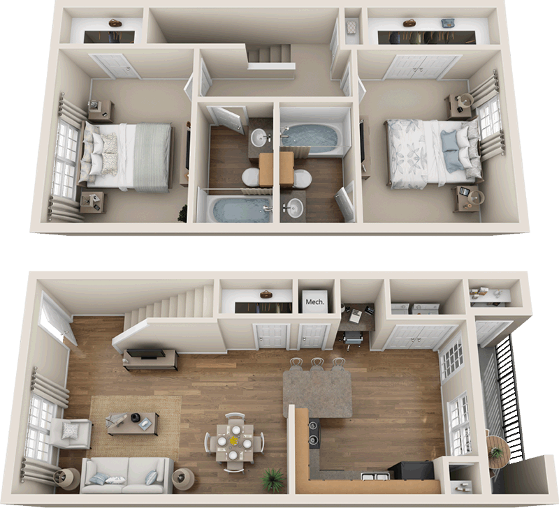 Floor plan for 2 beds, 2 baths, 1000 sqft